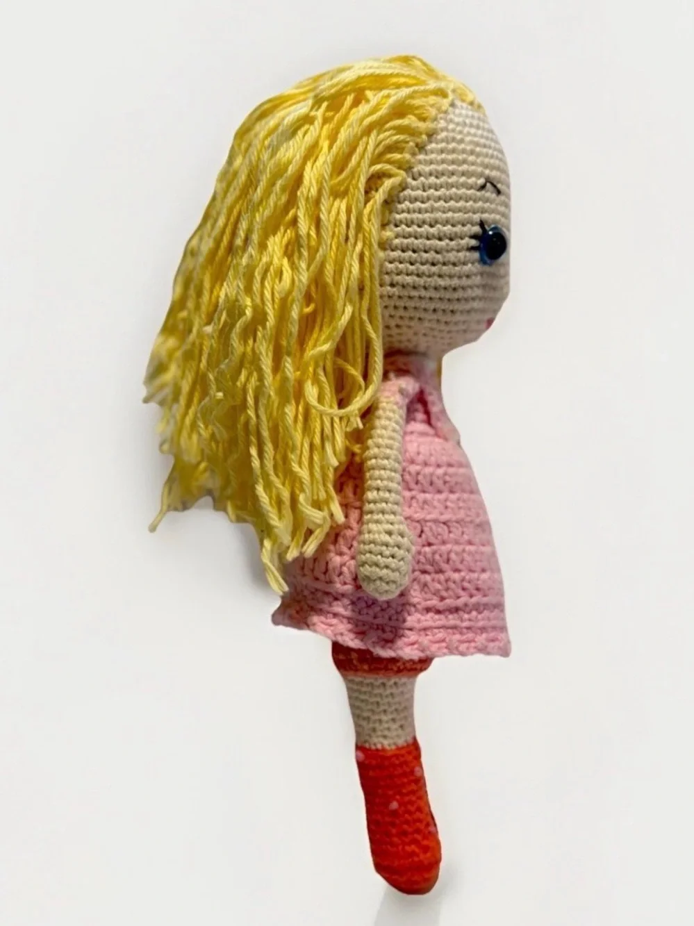 Handmade Crochet Amigurumi Doll Blonde Hair‎ Pink Dress Plush Stuffed Toy.